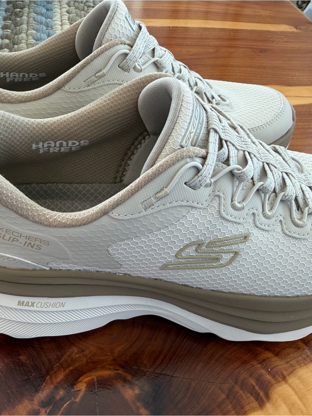 Skechers Women's Light Taupe and Beige Waterproof Slip-On Max Cushion Sneakers